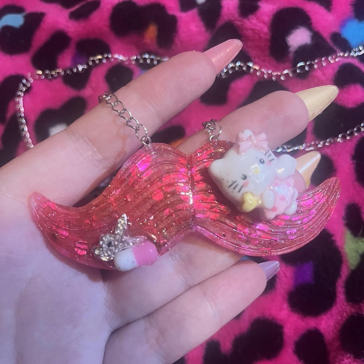 Pink glitter mustache charm pendant necklace handmade
