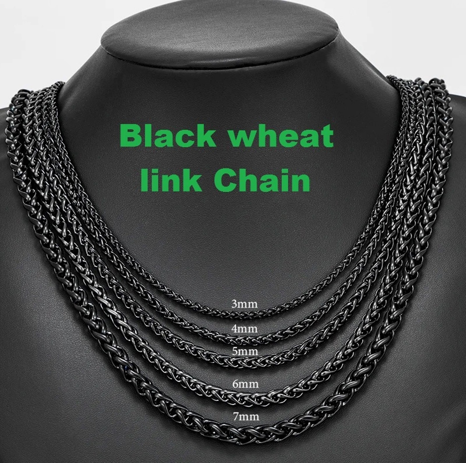 Chain Necklace Wheat stainless steel Black for men&women, 16/ 30 in, 3/4/5/6/7mm