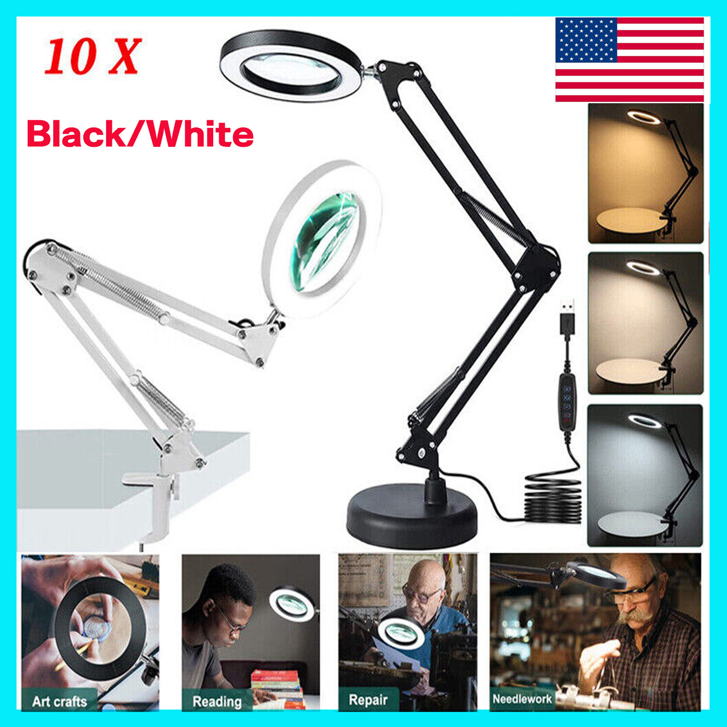 10X Magnifying Glass Desk Light Magnifier LED Lamp Reading Lamp With Base&Clamp