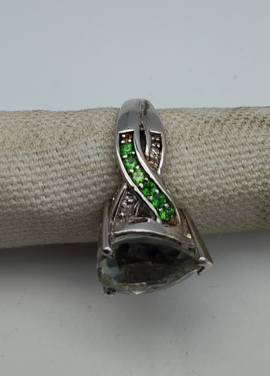 Vintage Very Light Green Pear Stone Sterling Silver Filigree STS 925 Ring Size 7