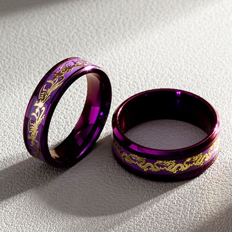 6MM&8MM Men Women Purple Red Stainless Steel Dragon Band Ring Couple Ring