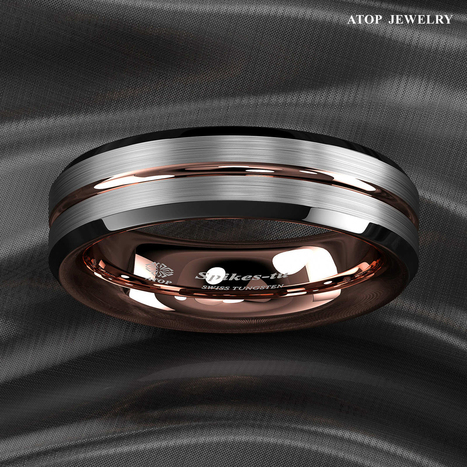 8/6Mm Silver Brushed Plated Metal Rose Gold ATOP Men Tungsten Wedding Band Ring