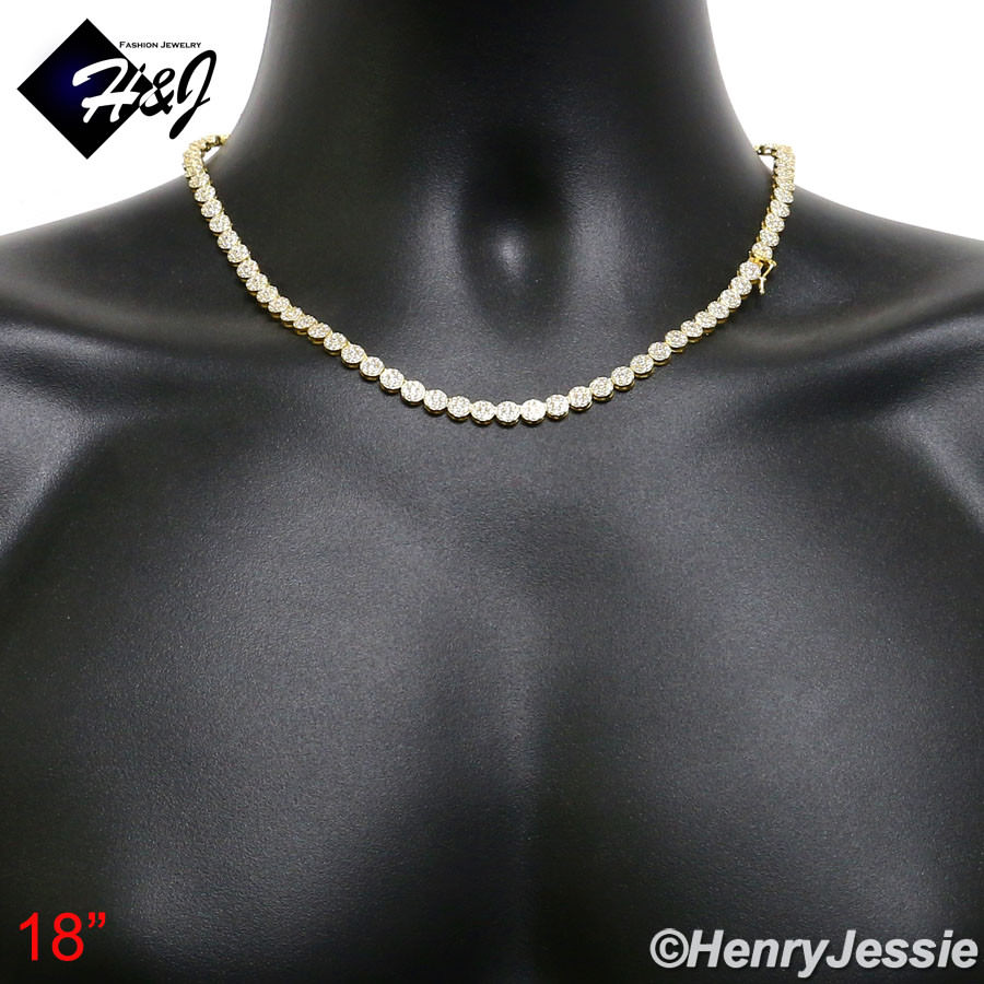 925 STERLING SILVER 18-30″X5MM GOLD PLATED 1 ROW ICY CZ CLUSTER NECKLACE*GN15