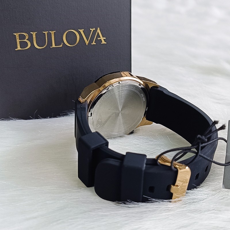 Bulova Marine Star-98B104-Men Black Rubber Strap Quartz Watch Rose Gold Dial44mm