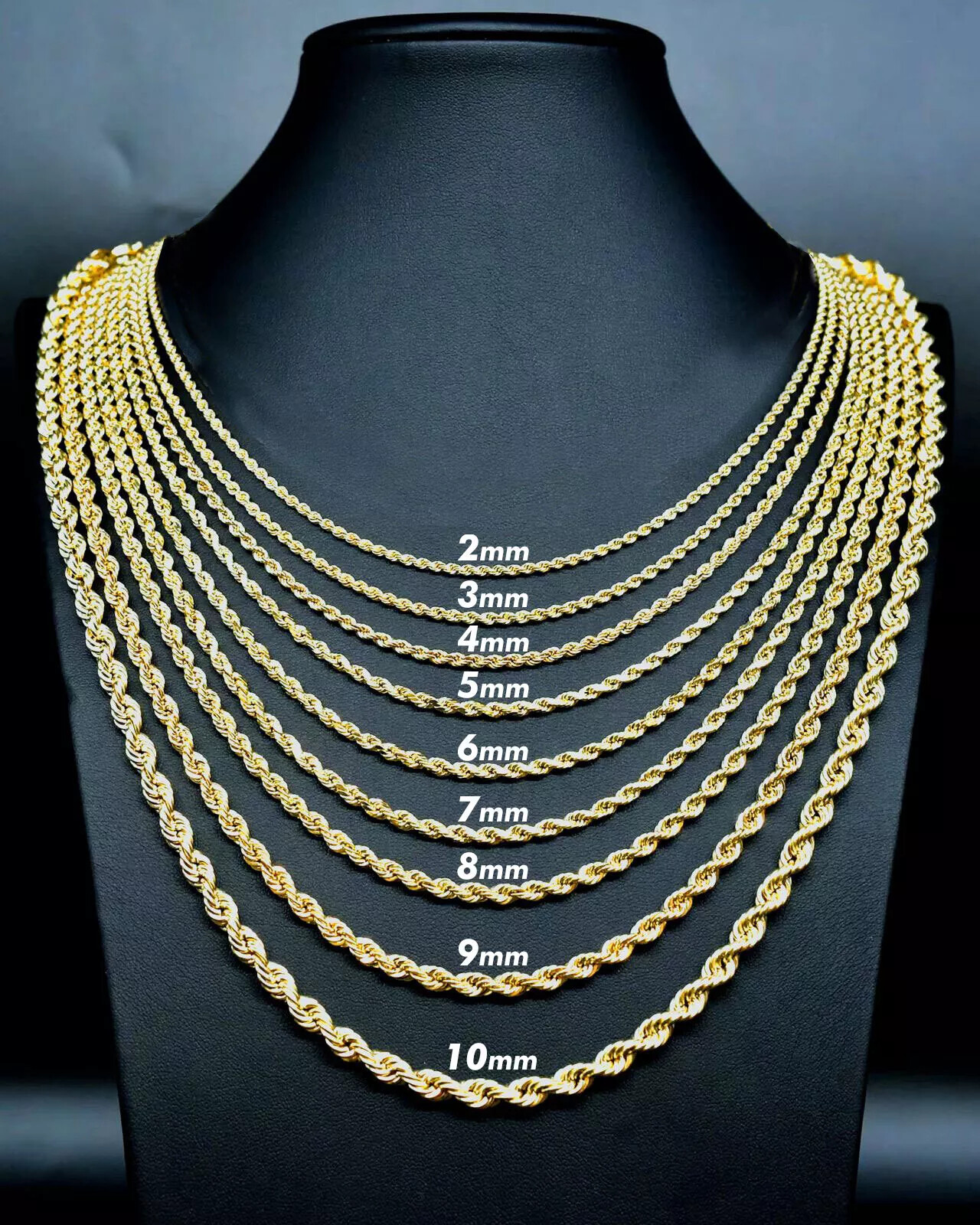 1MM to 10MM 10K Yellow Gold DIAMOND CUT ROPE Chain Necklace 16″-30″