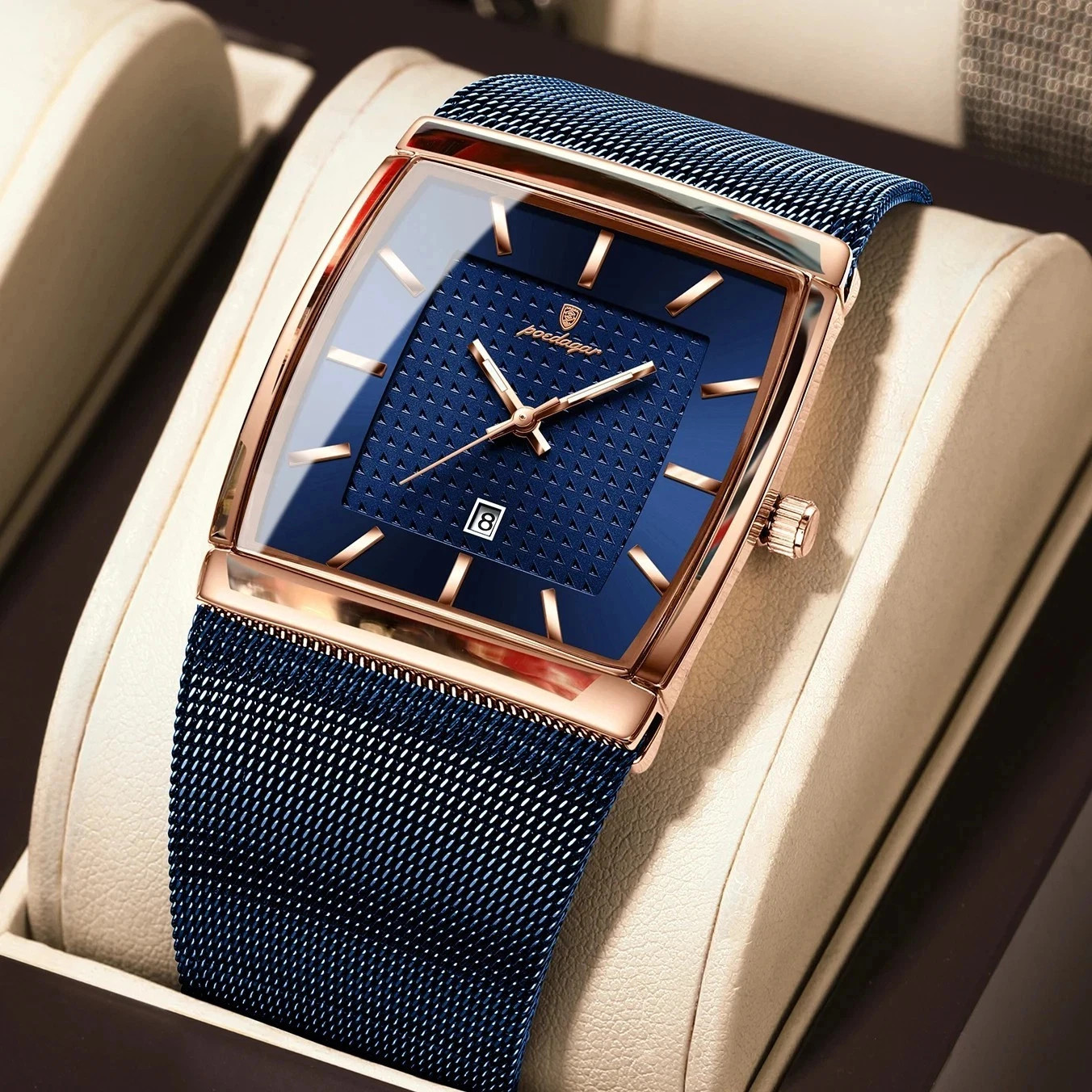 Luxury Men’s Watch Rectangle Steel Mesh Waterproof Luminous Date Quartz