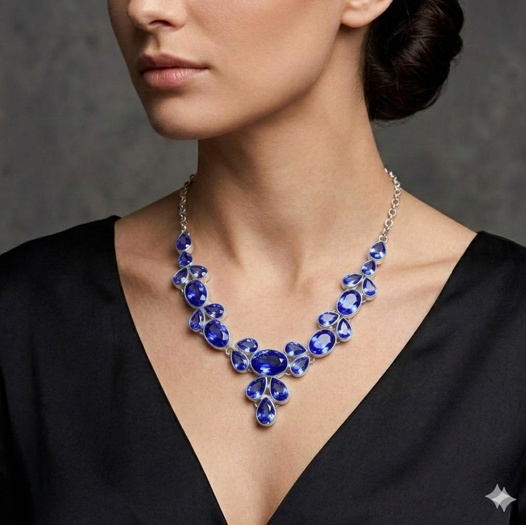 Blue Tanzanite Gemstone 925 Sterling Silver Jewelry Necklace Size-17-18″