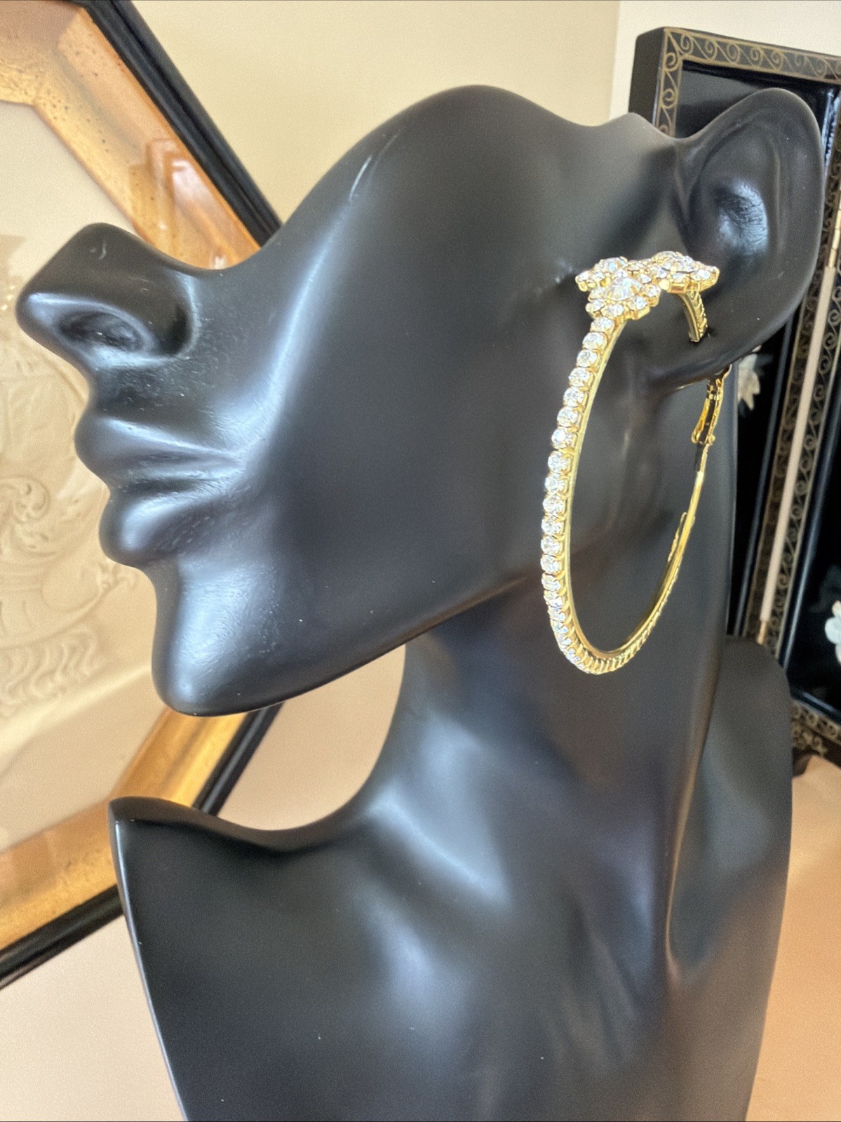 Gold Tone Rhinestone Hoop Earrings Large Statement Floral Cluster 2.5” Glam