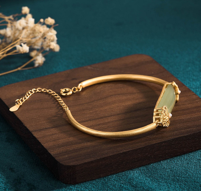 Green Jade Bangle Jade Charm Bracelet 18K Gold Plated Chain Dainty Gemstone