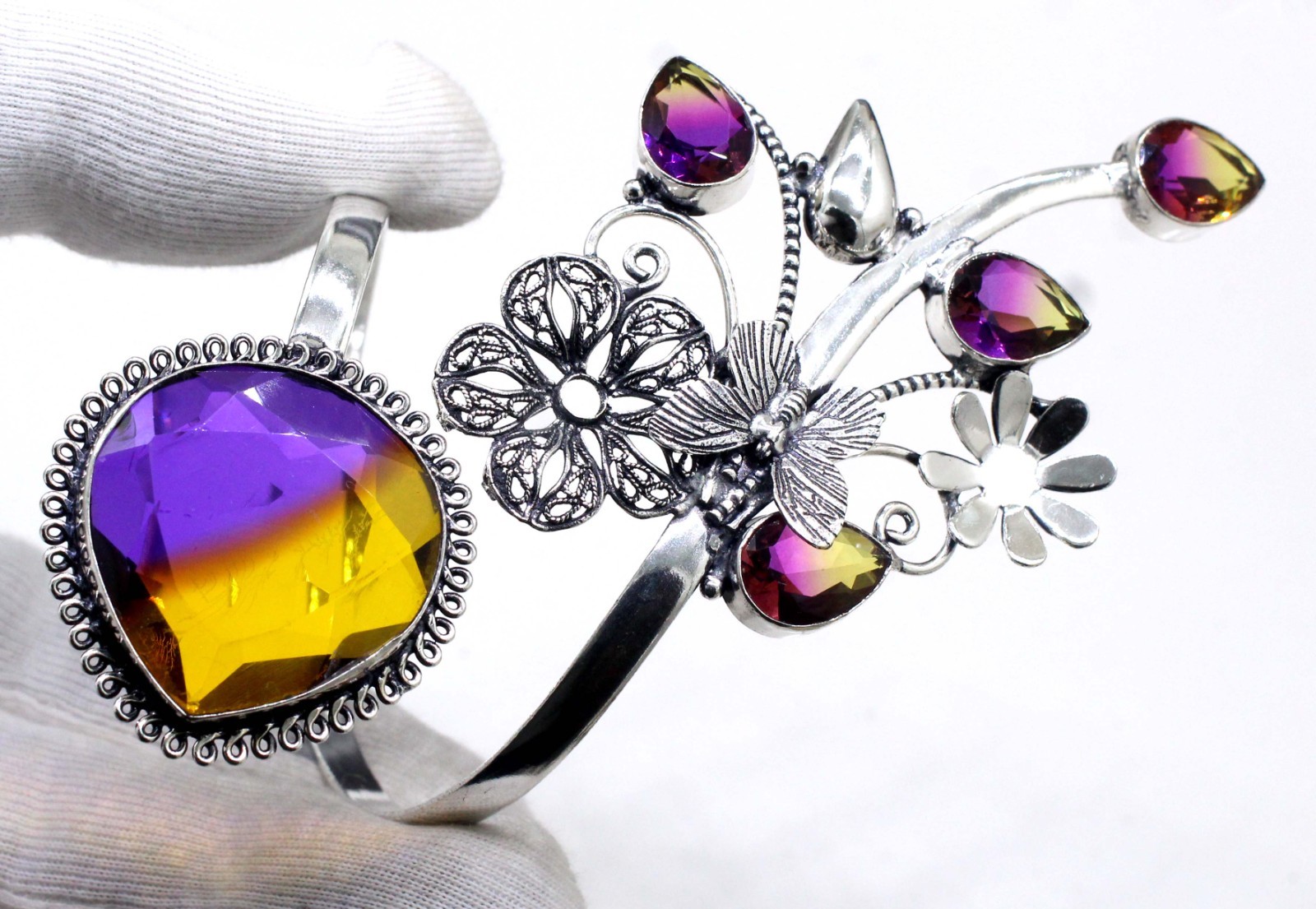 925 Sterling Silver Chrome Bi-Color Ametrine Gemstone Jewelry Cuff Bracelet