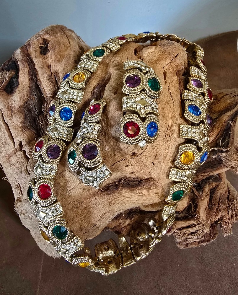Vintage Unsigned Rhinestone Necklace & Clip Earring Set Multicolor Gold Tone