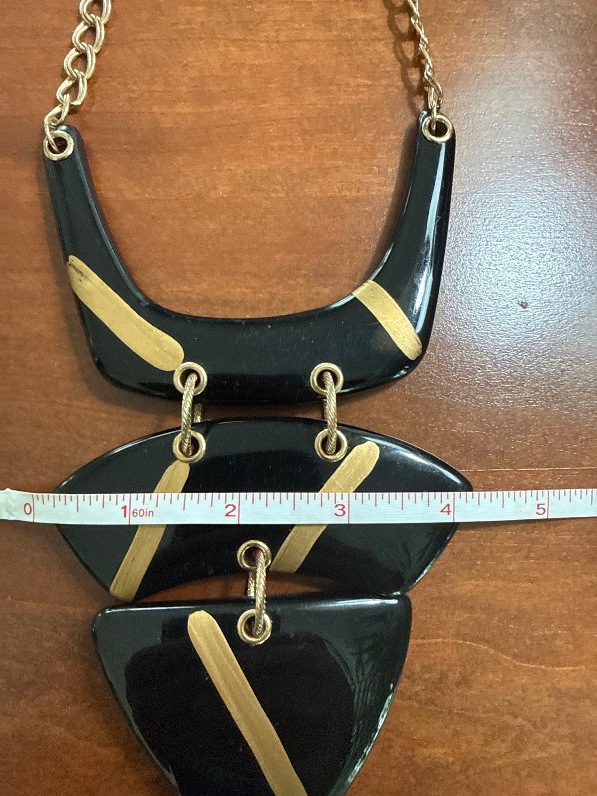 Chico’s Geometric Black Gold Statement Tier Bib Necklace Art Deco Chunky Bold