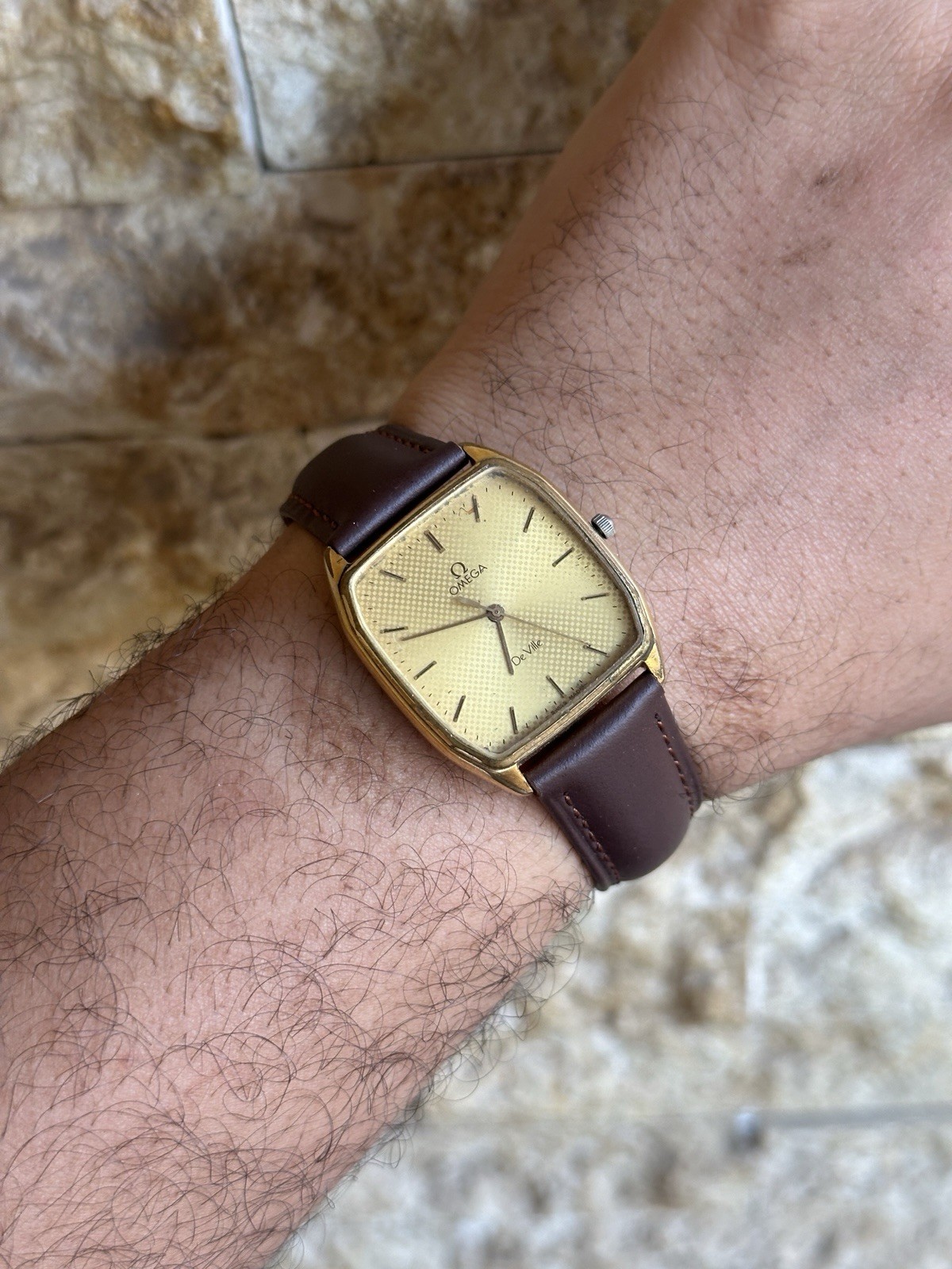 Vintage Omega De Ville 191.0182 Gold Plated Quartz 30x37mm Tapestry Dial Boxed