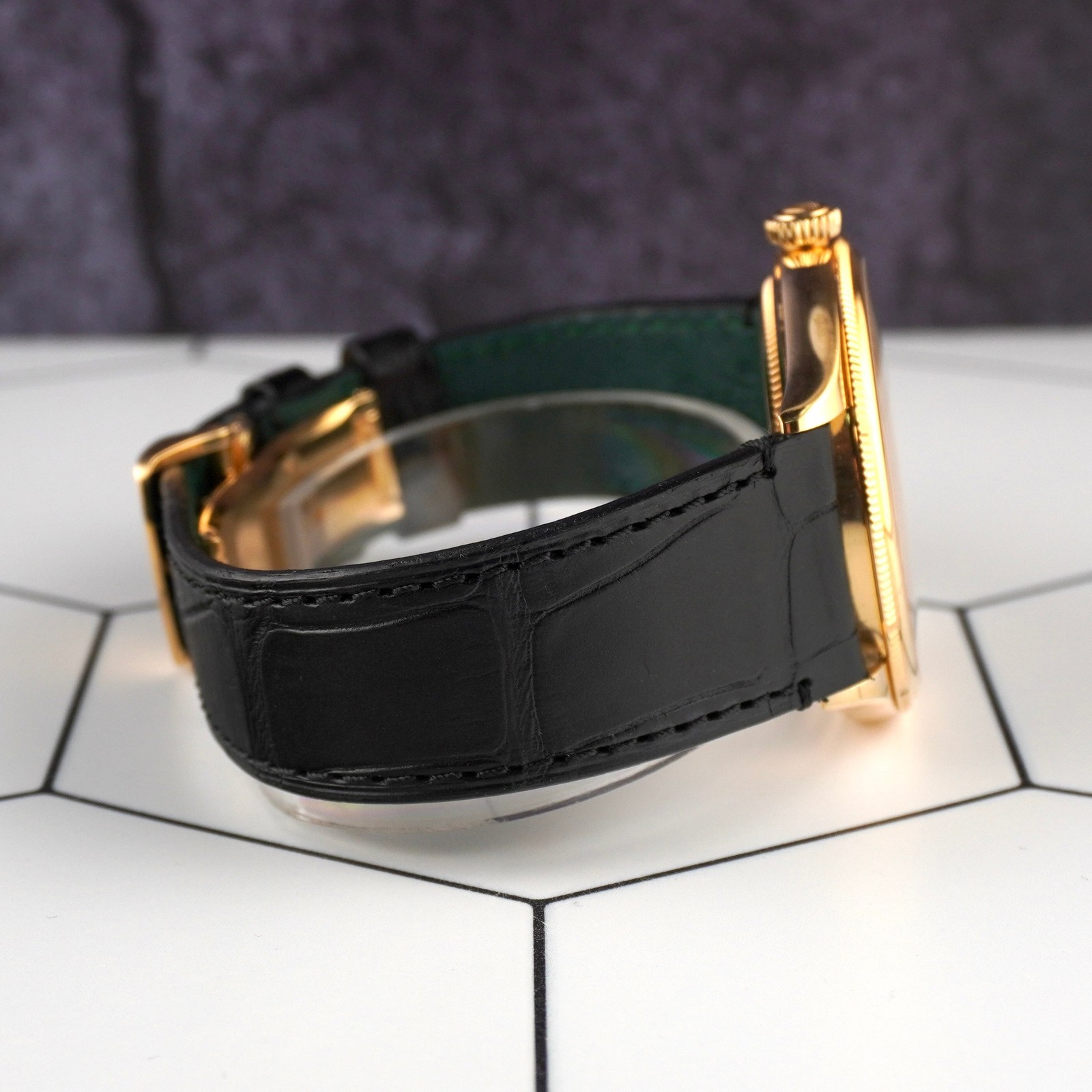 Rolex 1908 39mm Yellow Gold Black Dial Leather Band Men’s Watch 52508
