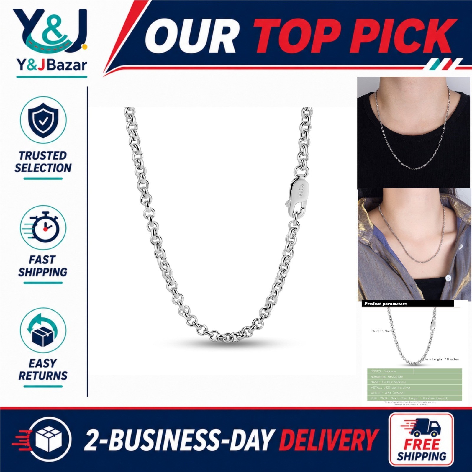 925 Sterling Silver Chain Necklace 3mm Adjustable 18-28 in Dankadi