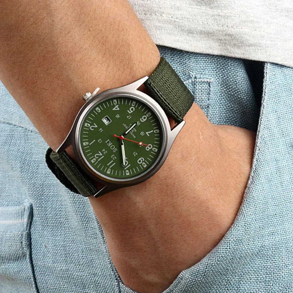 Men Army Luminous Quartz Watch Nylon Strap Date 24H Wrist Watch