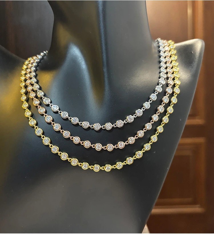3-4mm Moissanite Tennis Chain Necklace 925 Sterling Silver Elegant Lady Jewelry