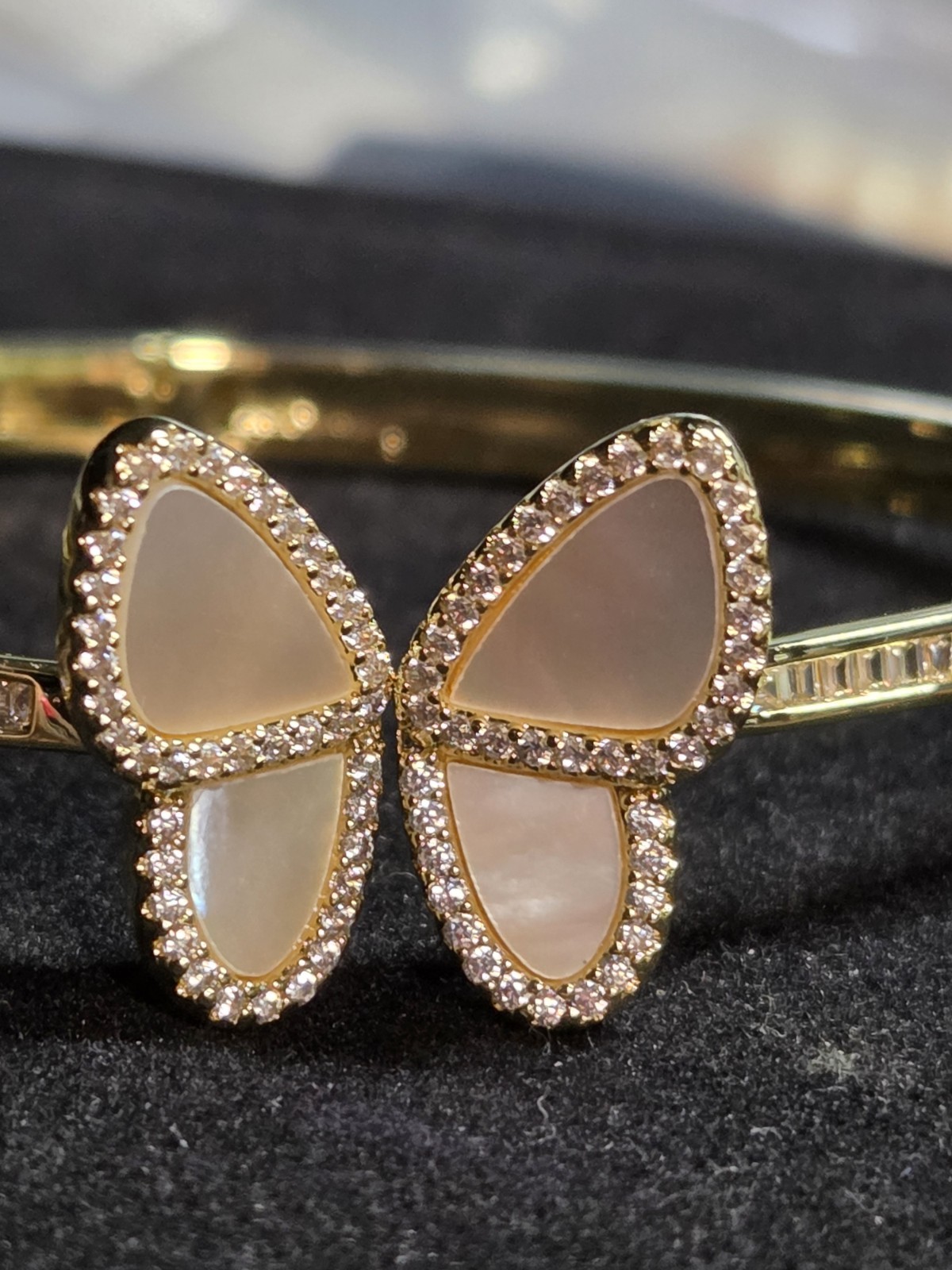 Freida Rothman Family Vault Butterfly MOP CZ Gold Plated Hinged Bangle 6.5″