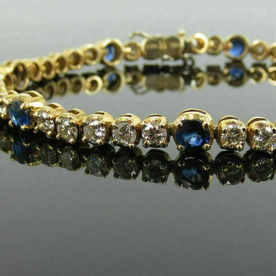 5.00 Ct Round Cut Natural Blue Sapphire Tennis Bracelet 14K Solid Yellow Gold