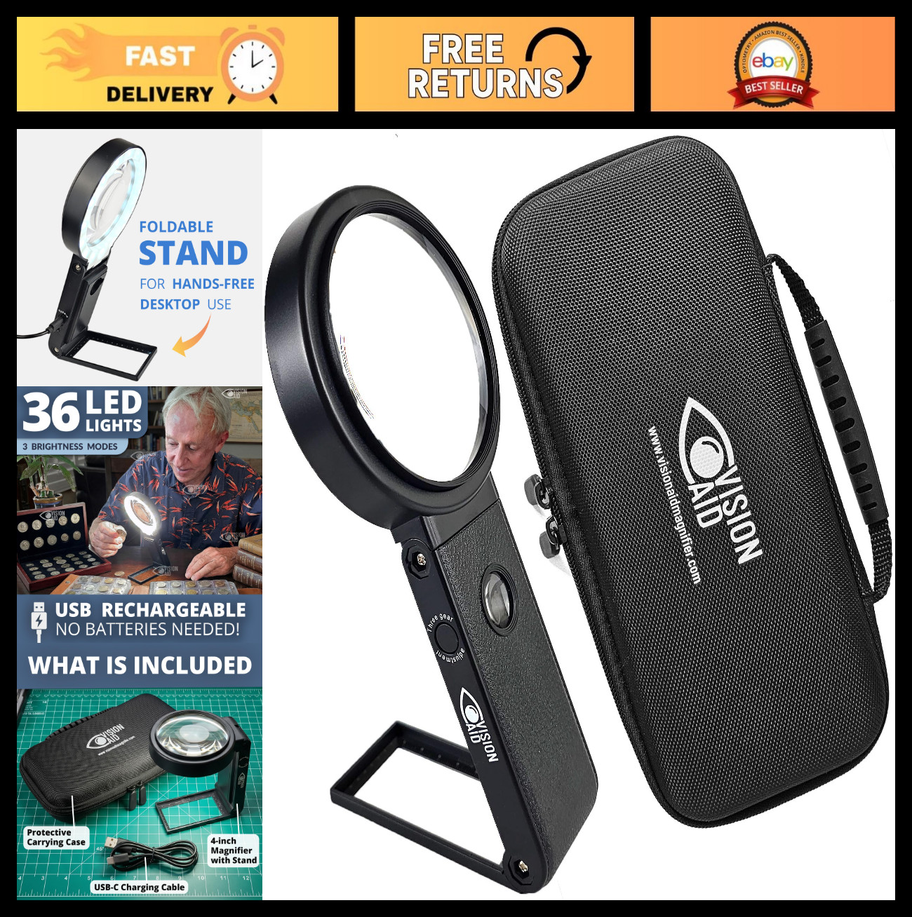 30X 10X Hands-Free Magnifying Glass with Stand & LED Light, USB Rechargeable, St