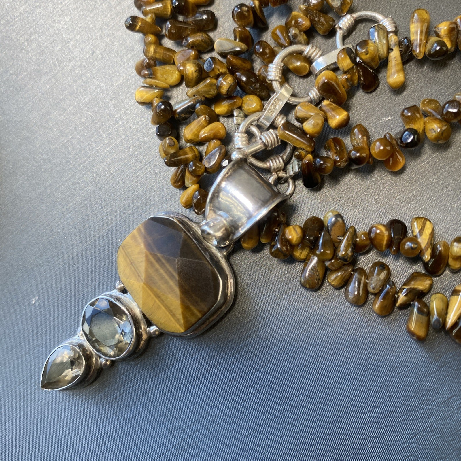 Vintage Tigers Eye Beaded Choker Pendant Necklace Estate Fine Jewelry Pre-Owned