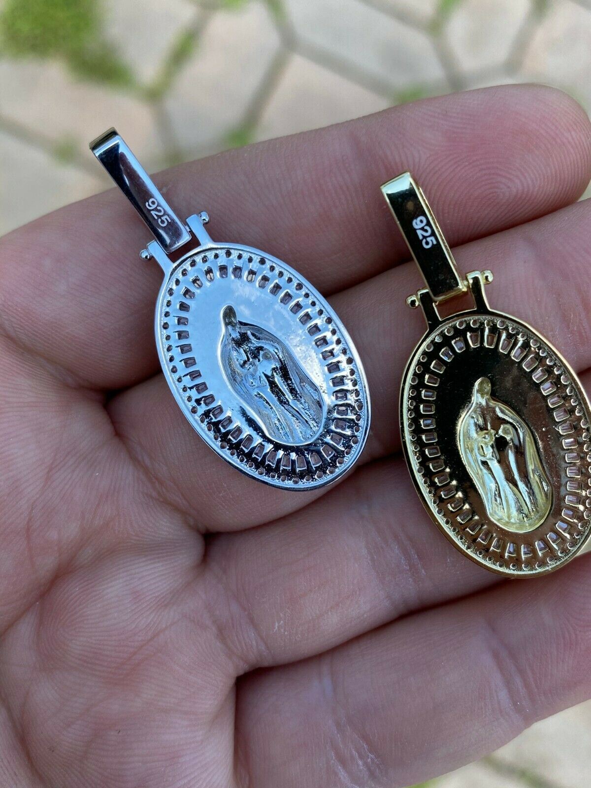 925 Sterling Silver Virgin Mary Necklace Pendant CZ Medallion Icy Chain Baguette