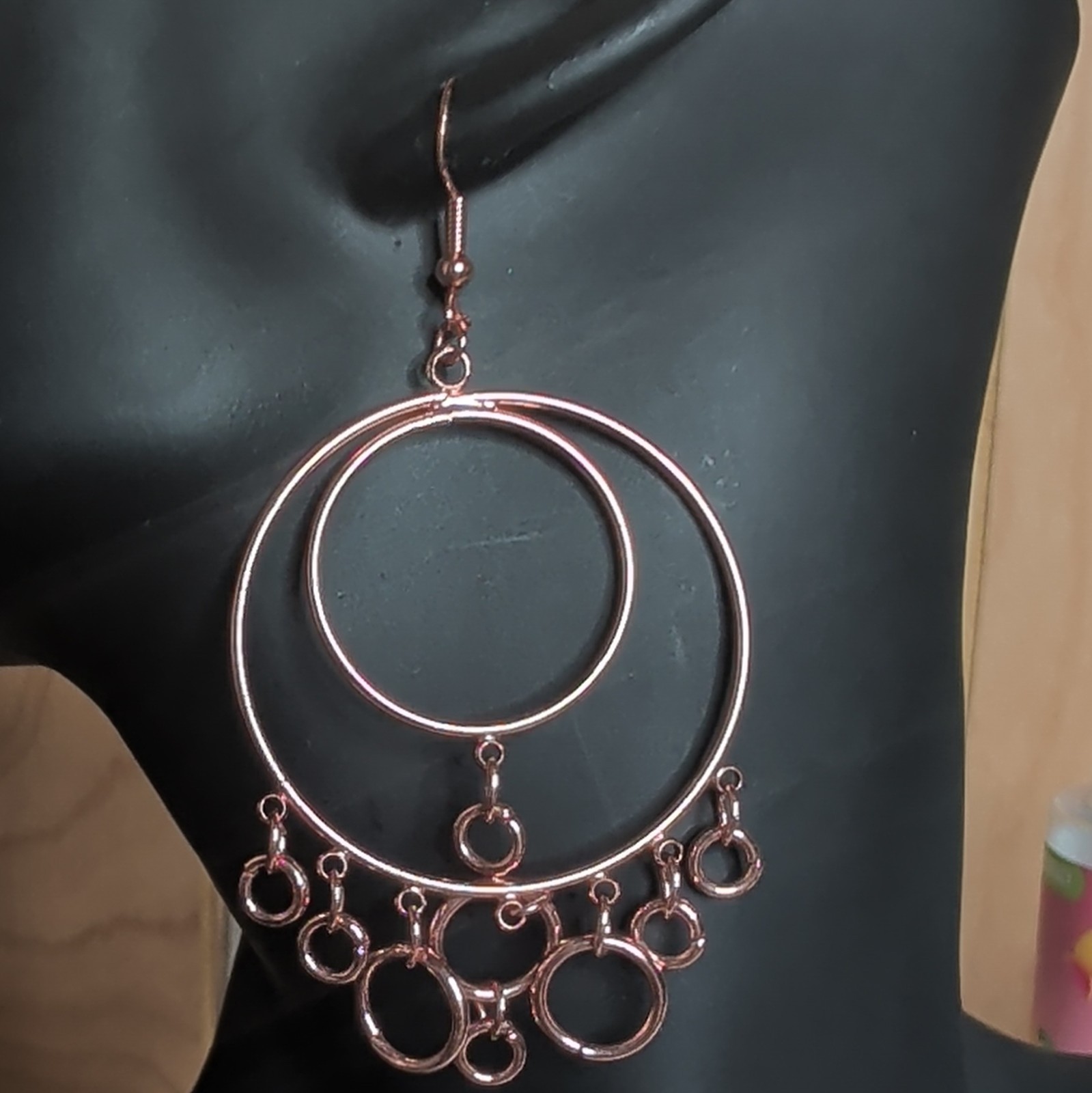 Rose Gold Plated Double Hoop Round Dangle/Drop Earrings Hook Closure No Stone