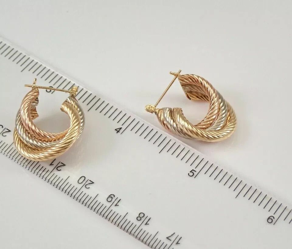 14K Yellow Rose White Gold Plated Silver TRI COLOR Hoop Earrings