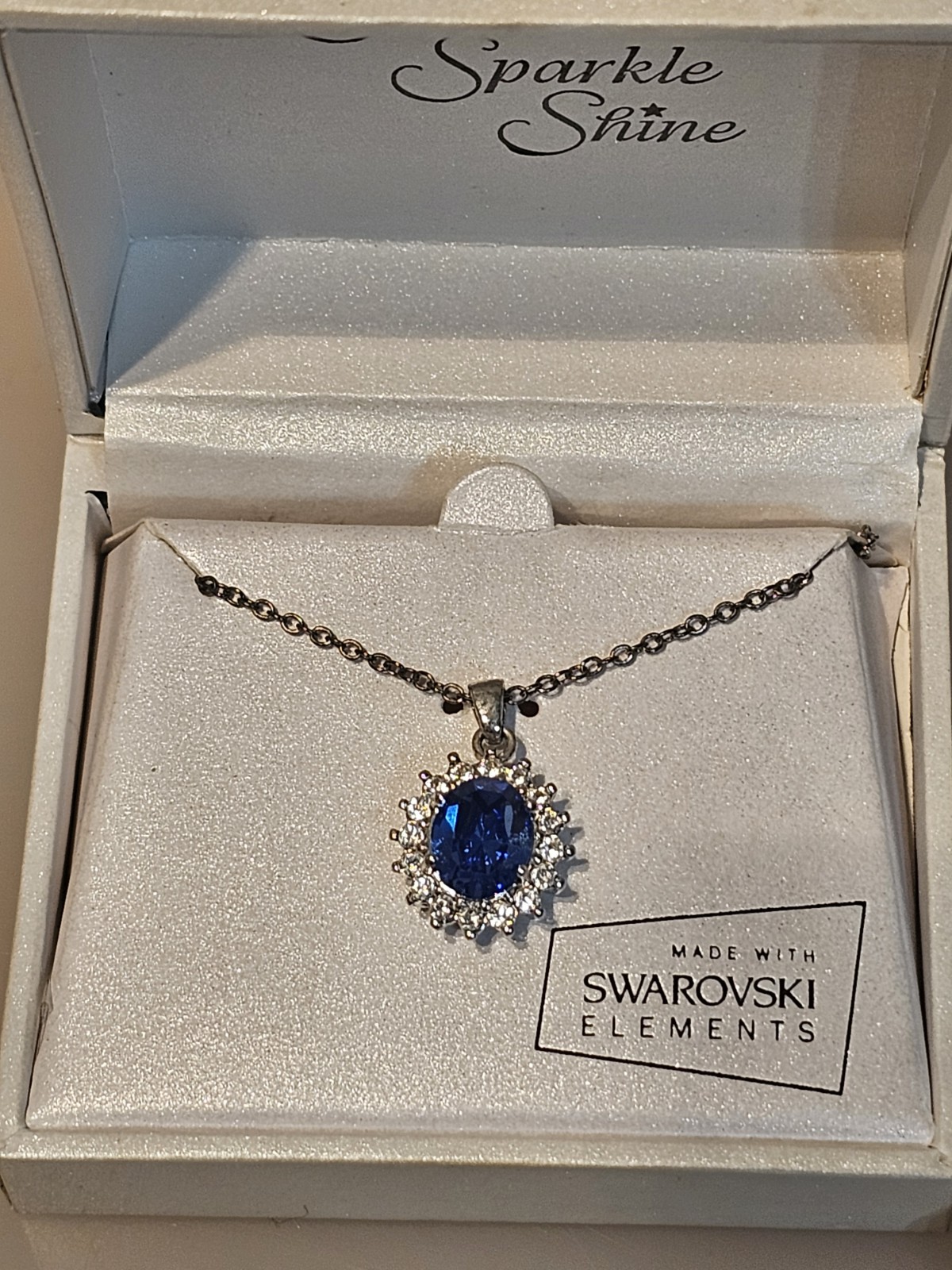 Silver Sparkle Shine Royal Blue Sapphire Halo Pendant Necklace Earring Set Swaro