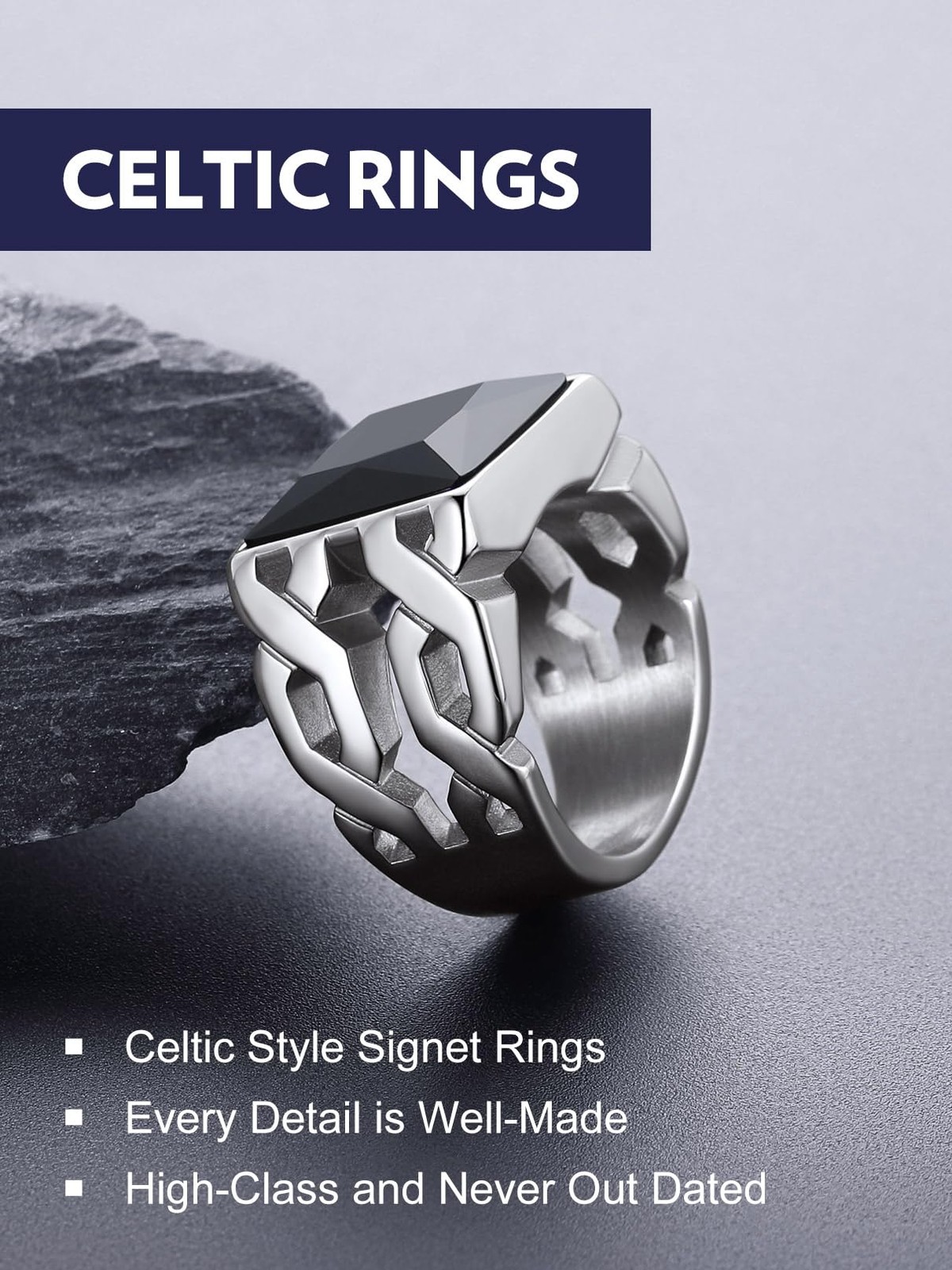 Gemstone Signet Rings for Men, Stainless Steel Fancy Cut Cubic Zirconia Rings…