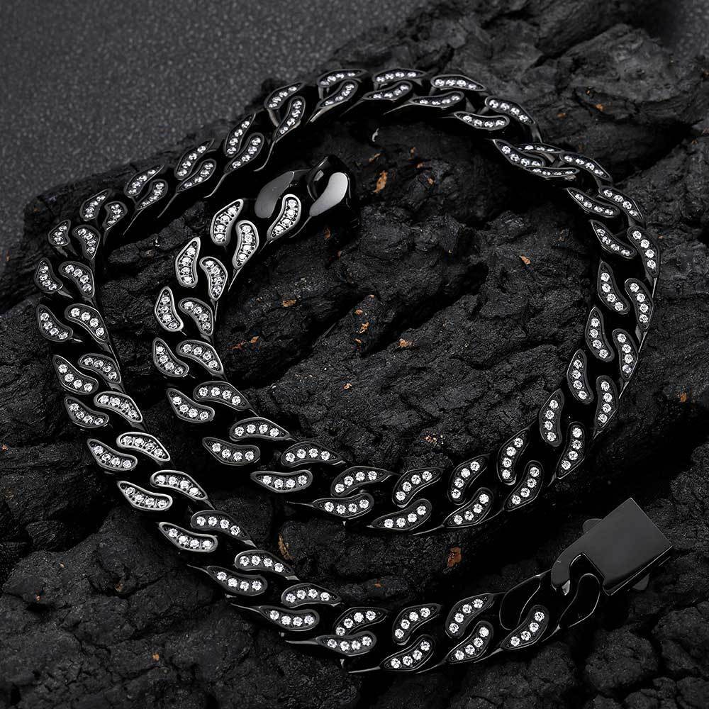 Steel Cuban Link Chain Necklace Full Zircon Mens Jewelry 12mm Hip Hop Stainless