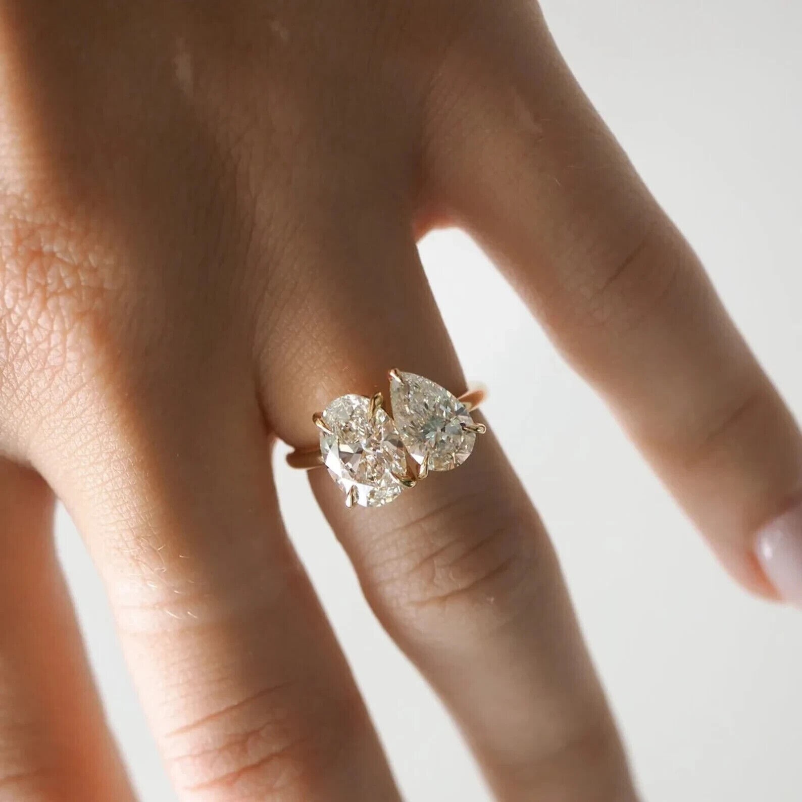 4CT Pear + Oval Cut CZ Diamond Toi Et Moi Engagement Ring 14K Yellow Gold Finish