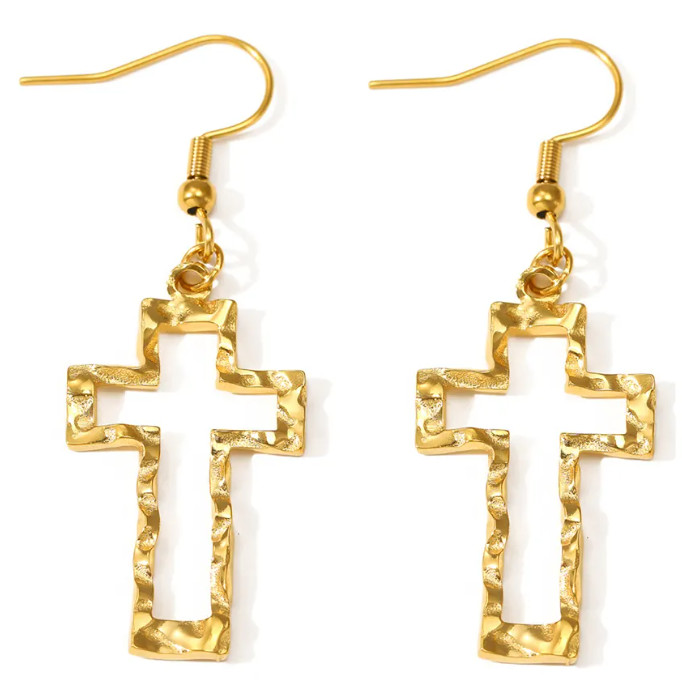 Stainless Steel Cross Pendant Earrings Vintage Hammered Texture Hollow Geometric