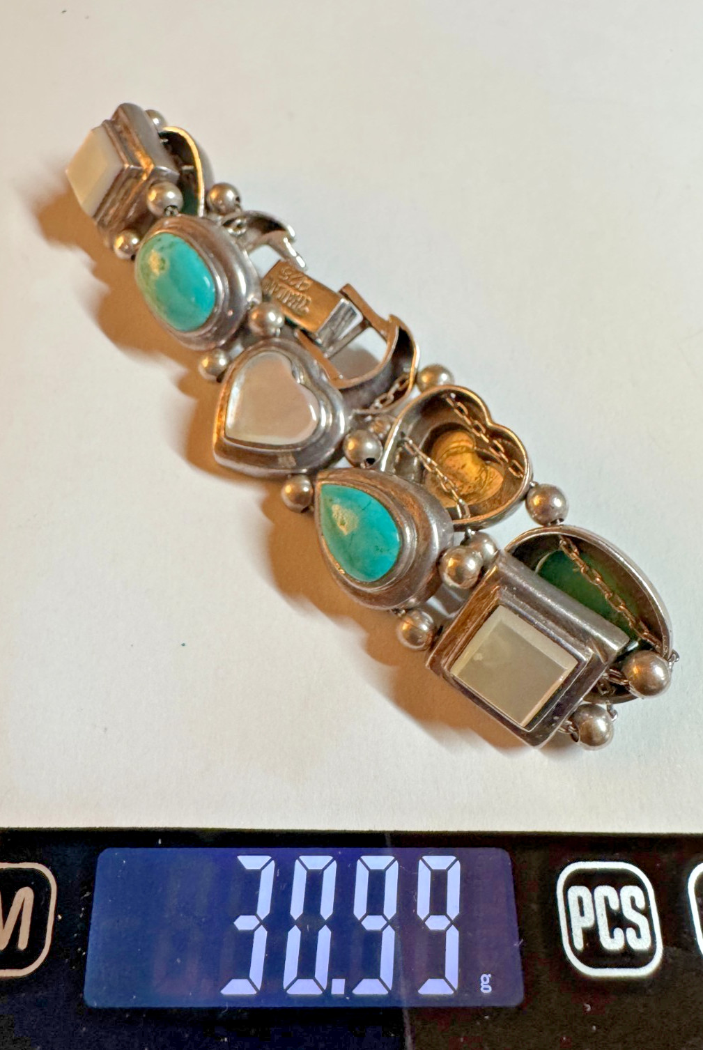 925 Thailand Sterling Silver Turquoise Mother of Pearl Link Bracelet 31g