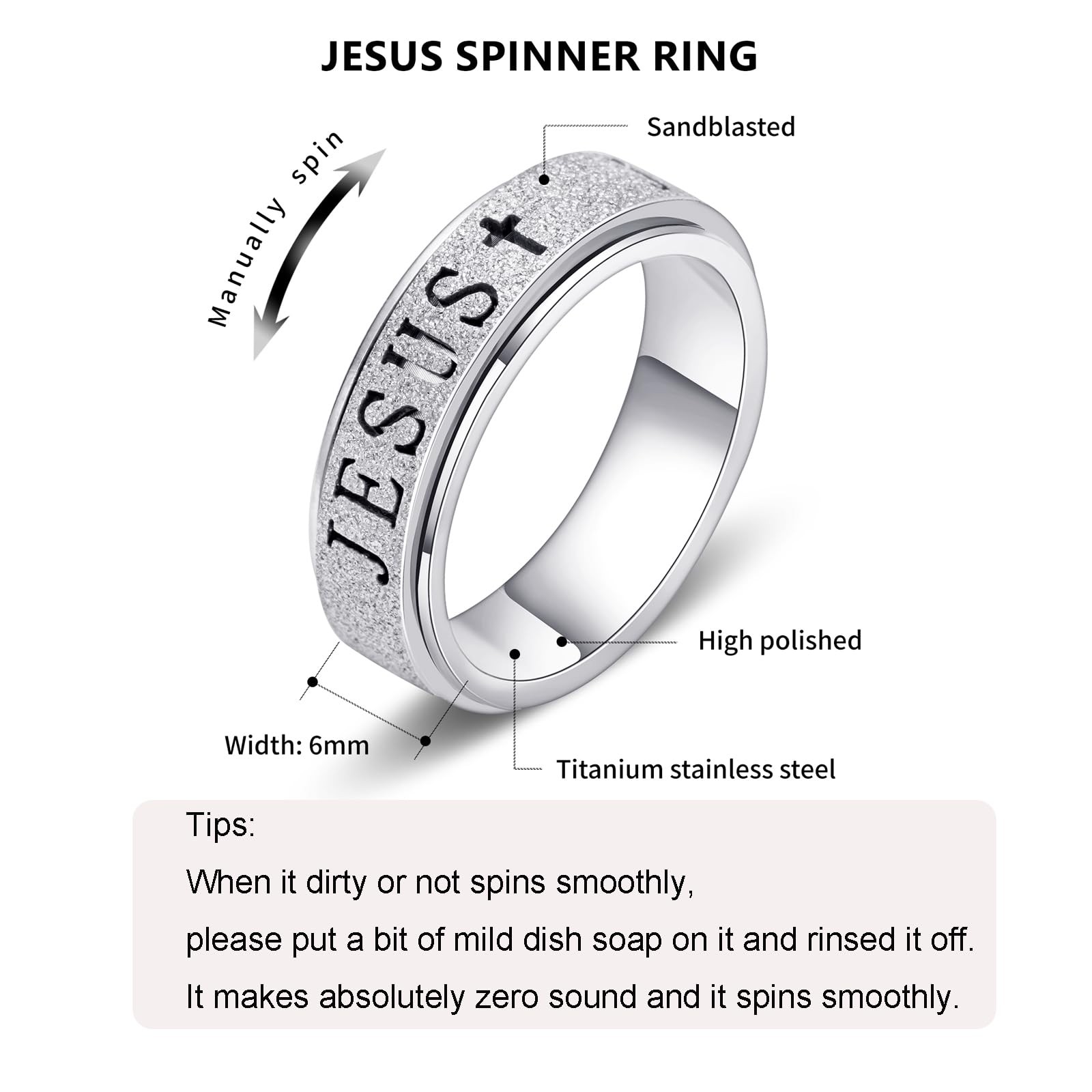 Fidget Spinner Anxiety Ring for : Adults Cute Jesus Thumb Ring Stainless Stee…