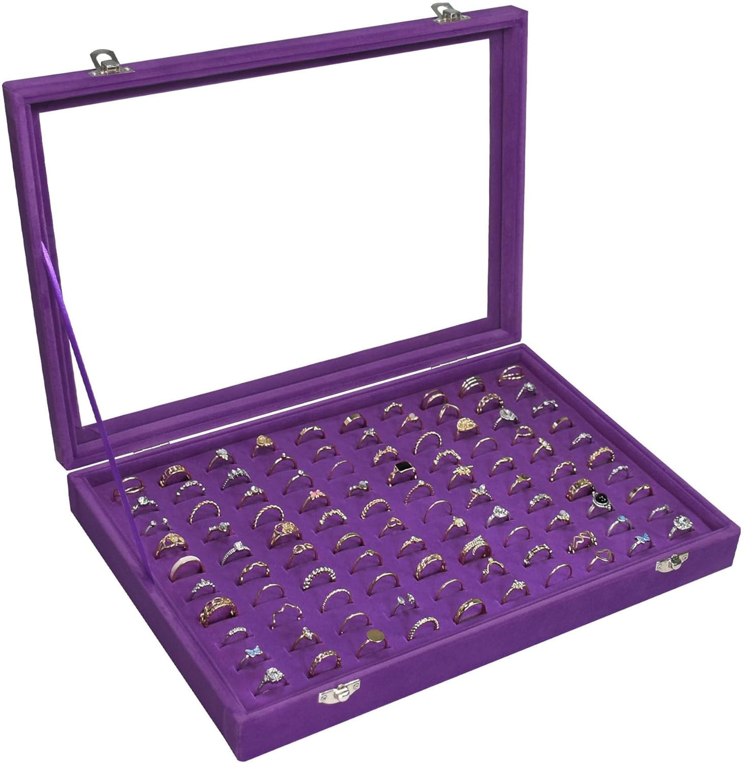 Velvet Ring Display Tray 100 Slot Jewelry Organizer Box Earring Holder Clear Lid