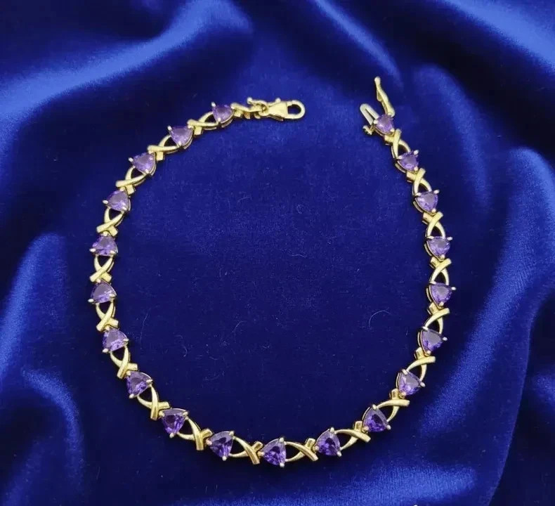 8.68 Ct Trillion Cut Natural Amethyst Tennis Bracelet 14K Solid Yellow Gold