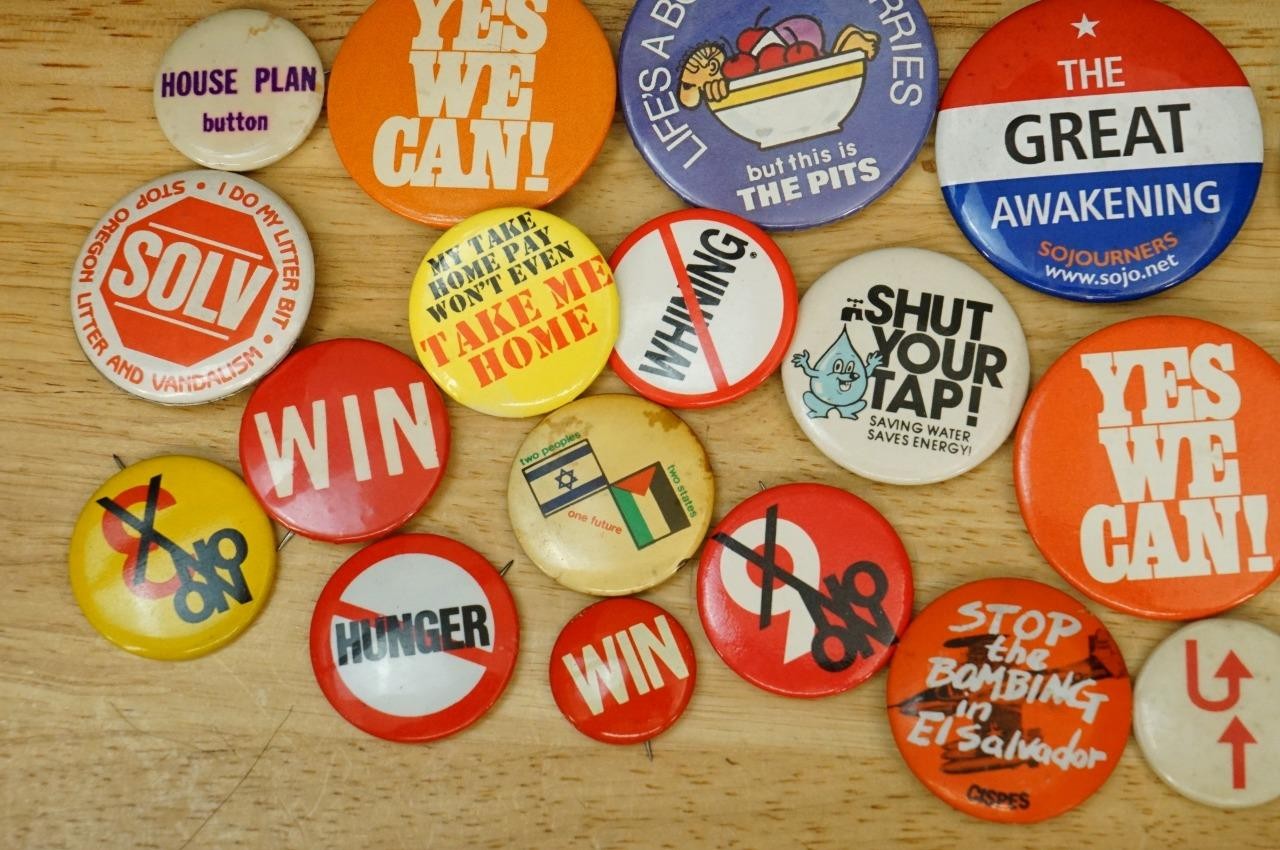 Vintage Lot Pinback Buttons Protest Political Environment Stop Hunger Yes We Can