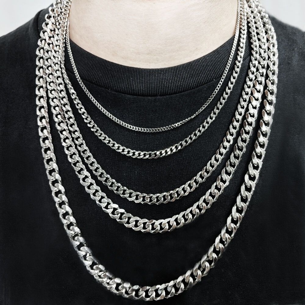 16-30″ Stainless Steel Silver Chain Cuban Curb Womens Mens Necklace 3/5/7/9/11mm