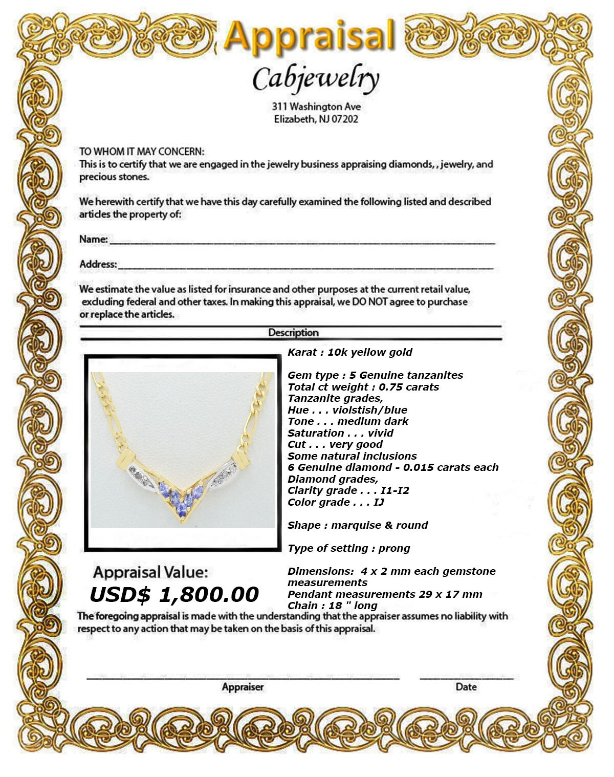 GENUINE 0.75 CTS TANZANITE & DIAMOND NECKLACE 10K GOLD – Free Appraisal