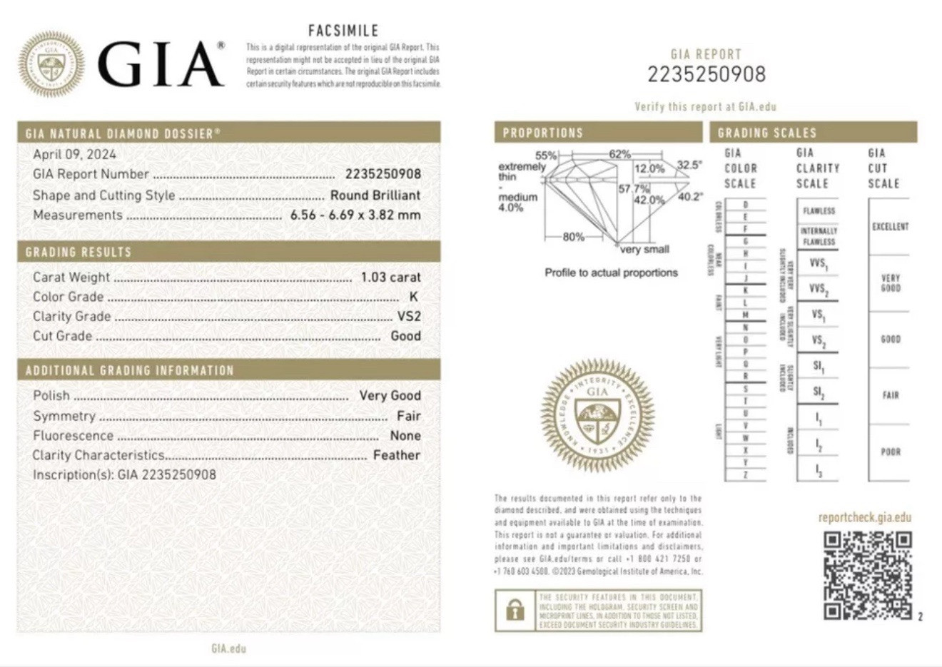 GIA Certified 1.03ct K/VS2 Laser Inscribed Round Brilliant Cut Loose Diamond