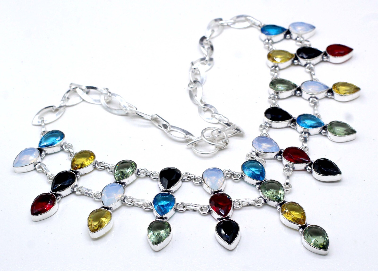 925 Sterling Silver Swiss Blue Topaz & Mix Gemstone Jewelry Necklace Size-17-18