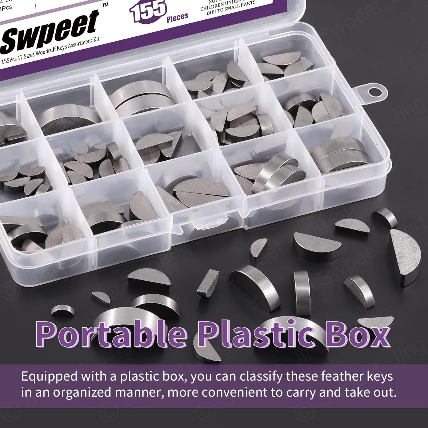 Swpeet 155Pcs 17 Sizes 2mm 3mm 4mm 5mm 6mm 8mm 10mm 12mm Woodruff Keys Half Moon