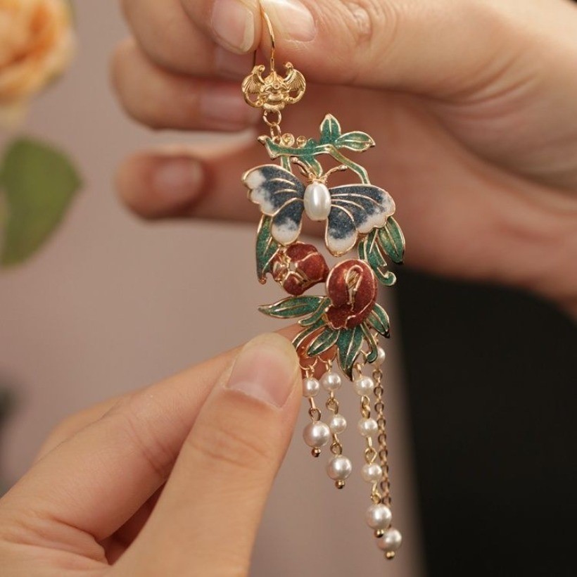 Vintage Court Enamel Butterfly Earrings Tassel Pearl Hanfu Qipao Ear Drops