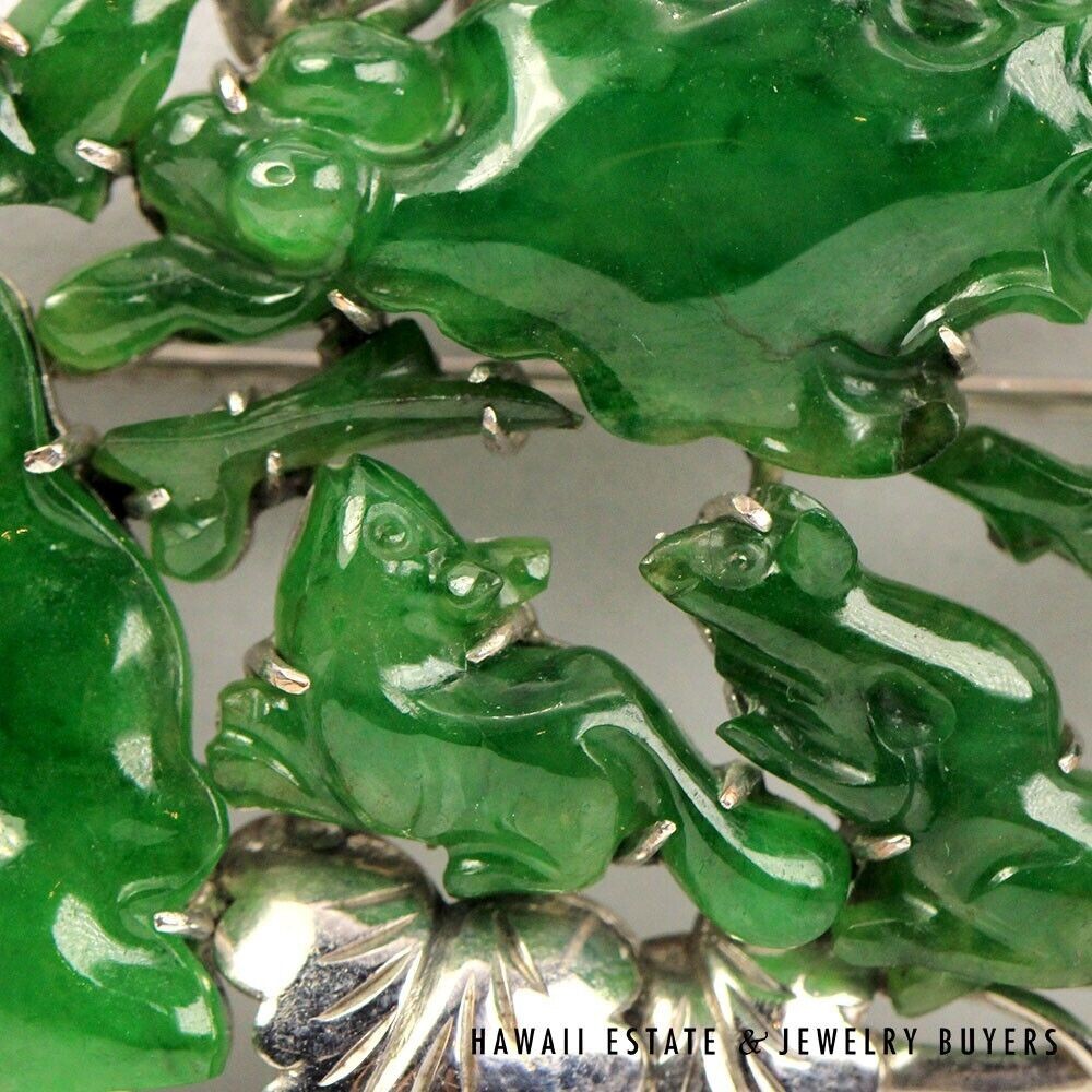 GIA Natural Green Jade Brooch 15.3g 14K White Gold 30x12mm