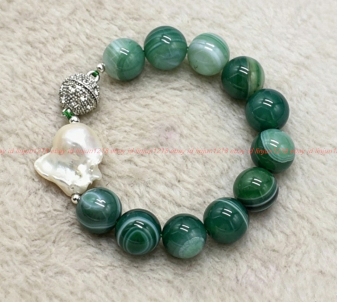 Natural Pretty 12/14mm Green Striped Agate White Baroque Pearl Bracelet 7-9in