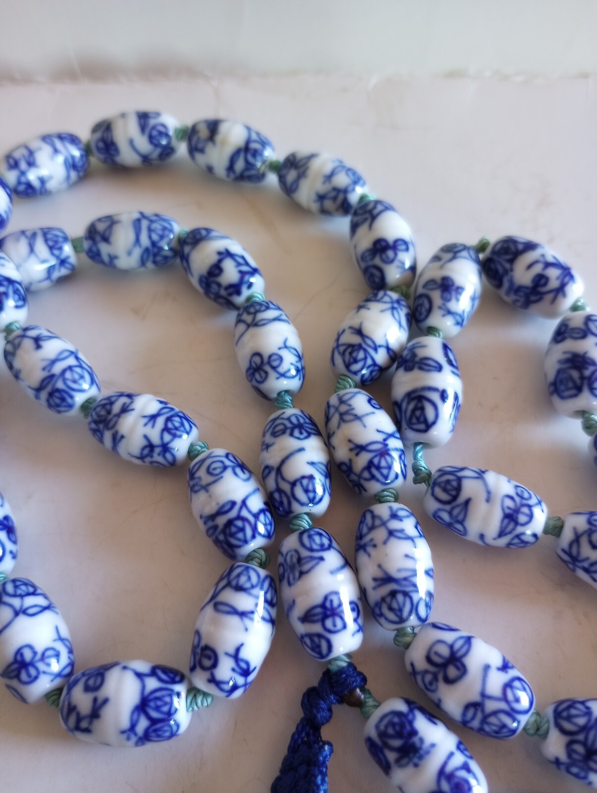 VINTAGE CHINESE PORCELAIN PAINTED FLOWERS DRAGON PENDANT 28 “SILK KNOTTED