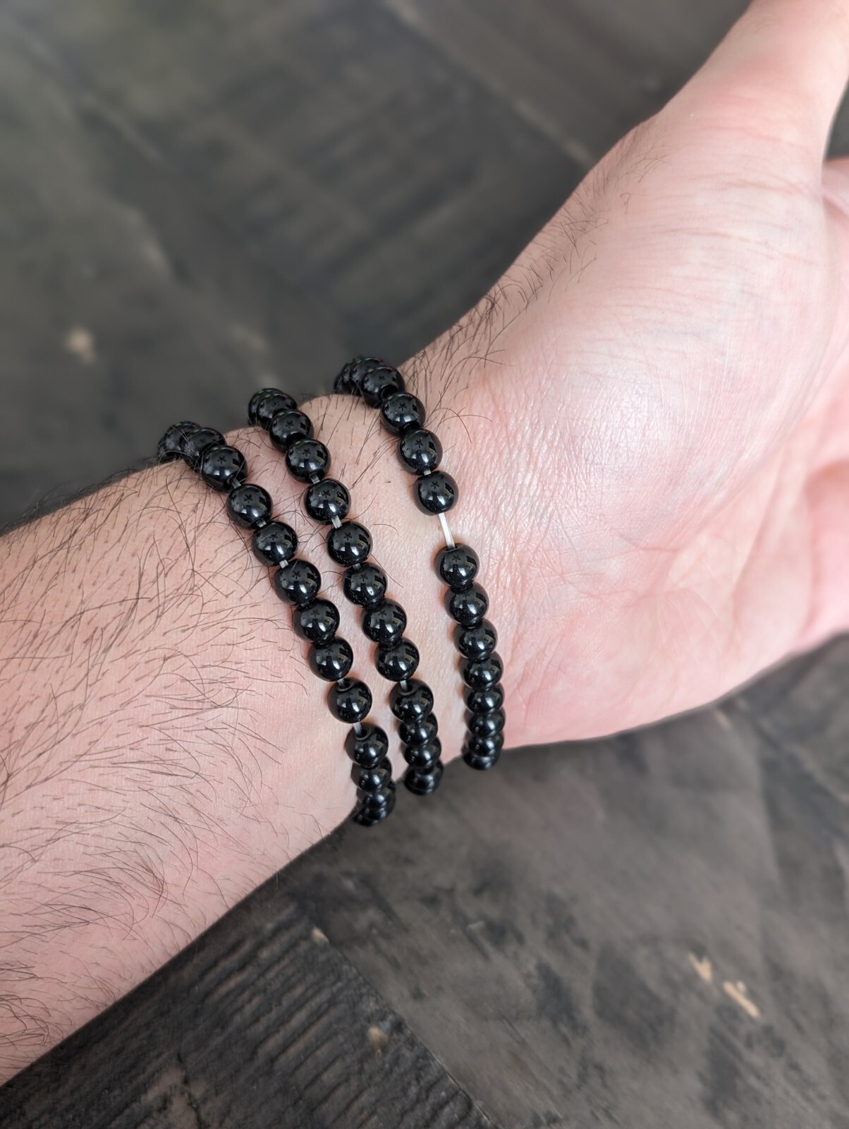 Beaded Bracelet 6mm Natural Stone Beads Men’s Gorgeous Semi-Precious Black Onyx