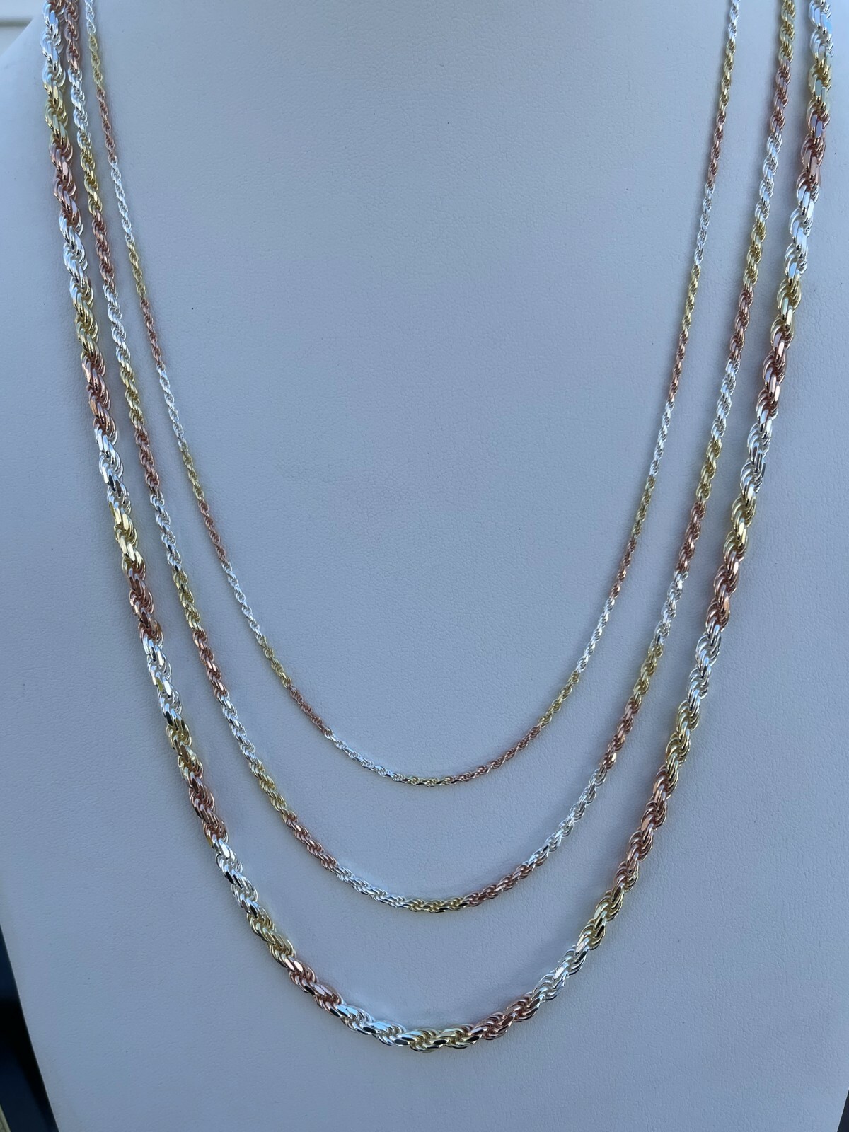 Solid 925 Silver & Yellow Rose Gold Plated Tri Color Rope Chain Necklace 2-5mm