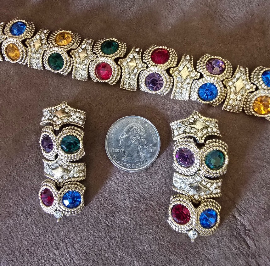 Vintage Unsigned Rhinestone Necklace & Clip Earring Set Multicolor Gold Tone